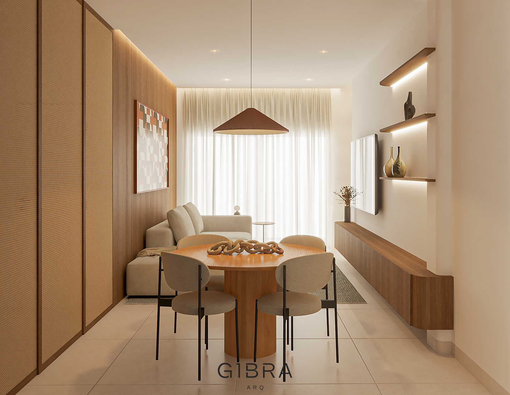 Living — painel de madeira e arte geométrica